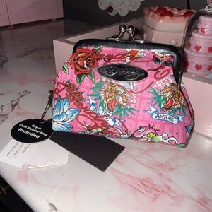 Ed Hardy Pink Floral Tiger Kiss-Lock Coin Purse with Detachable Chain